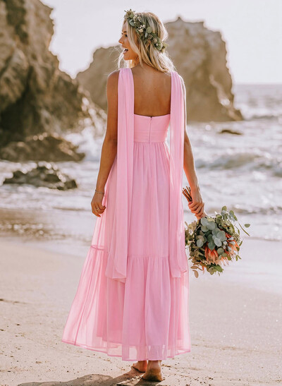 A-Line Strapless Ankle-Length Chiffon Bridesmaid Dresses With Bows/Bubble Hem