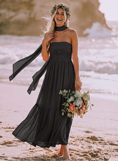 A-Line Strapless Ankle-Length Chiffon Bridesmaid Dresses With Bows/Bubble Hem