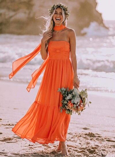 A-Line Strapless Ankle-Length Chiffon Bridesmaid Dresses With Bows/Bubble Hem