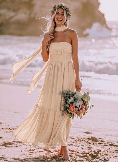 A-Line Strapless Ankle-Length Chiffon Bridesmaid Dresses With Bow(s)/Bubble Hem