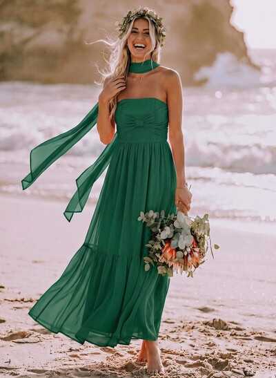 A-Line Strapless Ankle-Length Chiffon Bridesmaid Dresses With Bow(s)/Bubble Hem