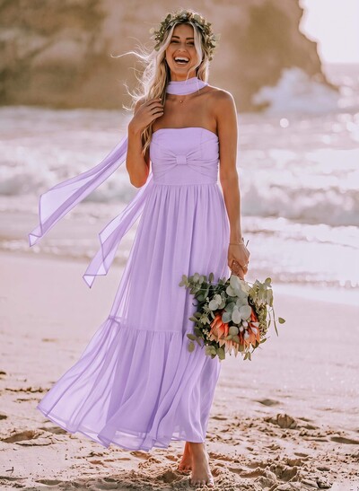 A-Line Strapless Ankle-Length Chiffon Bridesmaid Dresses With Bow(s)/Bubble Hem