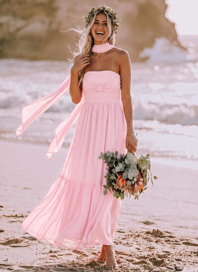 A-Line Strapless Ankle-Length Chiffon Bridesmaid Dresses With Bow(s)/Bubble Hem