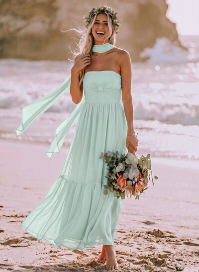 A-Line Strapless Ankle-Length Chiffon Bridesmaid Dresses With Bow(s)/Bubble Hem