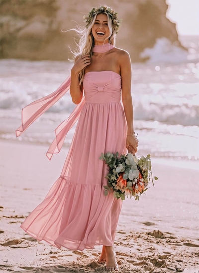 A-Line Strapless Ankle-Length Chiffon Bridesmaid Dresses With Bows/Bubble Hem