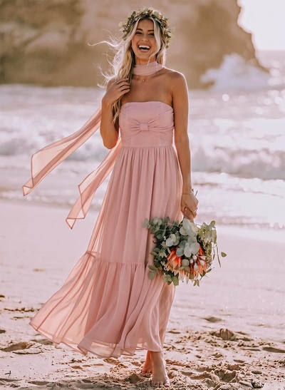 A-Line Strapless Ankle-Length Chiffon Bridesmaid Dresses With Bow(s)/Bubble Hem
