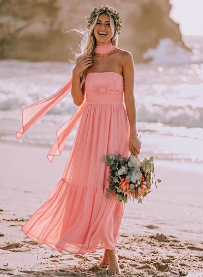 A-Line Strapless Ankle-Length Chiffon Bridesmaid Dresses With Bow(s)/Bubble Hem