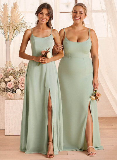 A-Line Scoop Neck Sleeveless Floor-Length Chiffon Bridesmaid Dresses With Split Front