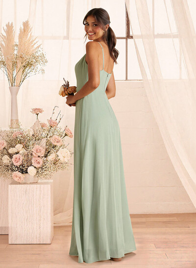 A-Line Scoop Neck Sleeveless Floor-Length Chiffon Bridesmaid Dresses With Split Front