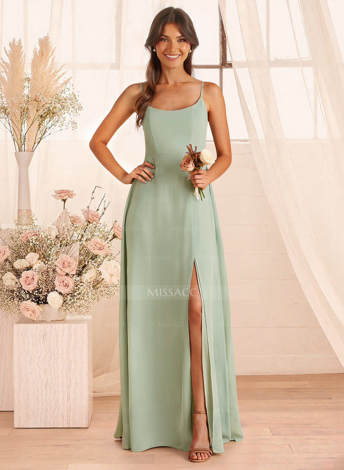 A-Line Scoop Neck Sleeveless Floor-Length Chiffon Bridesmaid Dresses With Split Front