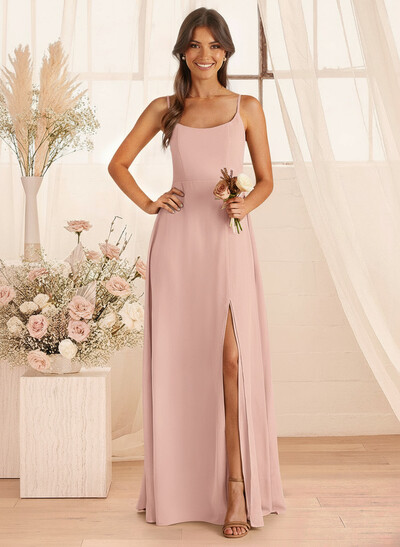 A-Line Scoop Neck Sleeveless Floor-Length Chiffon Bridesmaid Dresses With Split Front