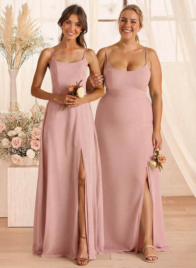 A-Line Scoop Neck Sleeveless Floor-Length Chiffon Bridesmaid Dresses With Split Front