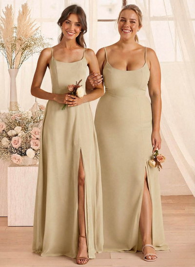A-Line Scoop Neck Sleeveless Floor-Length Chiffon Bridesmaid Dresses With Split Front