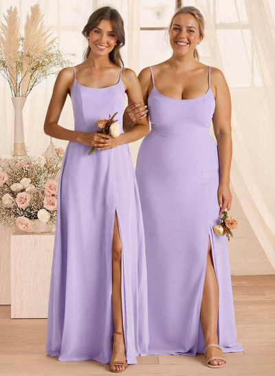 A-Line Scoop Neck Sleeveless Floor-Length Chiffon Bridesmaid Dresses With Split Front
