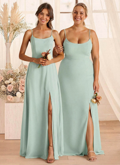 A-Line Scoop Neck Sleeveless Floor-Length Chiffon Bridesmaid Dresses With Split Front