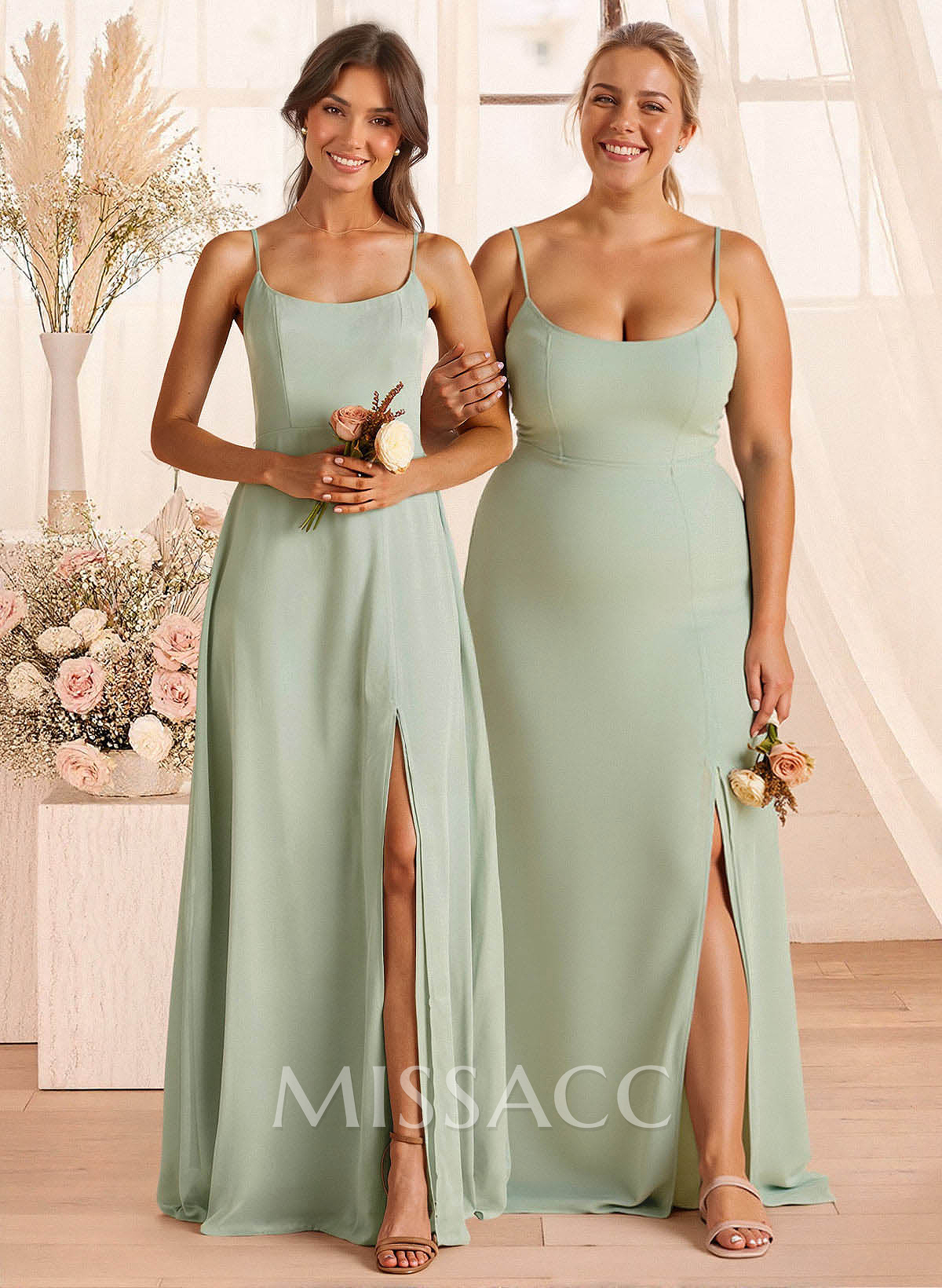 A-Line Scoop Neck Sleeveless Floor-Length Chiffon Bridesmaid Dresses With Split Front