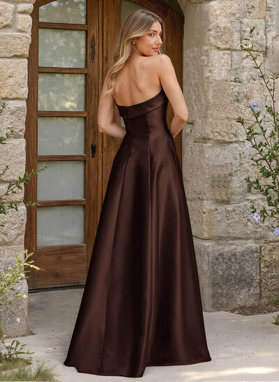 A-Line Strapless Sleeveless Floor-Length Satin Bridesmaid Dresses With Pockets