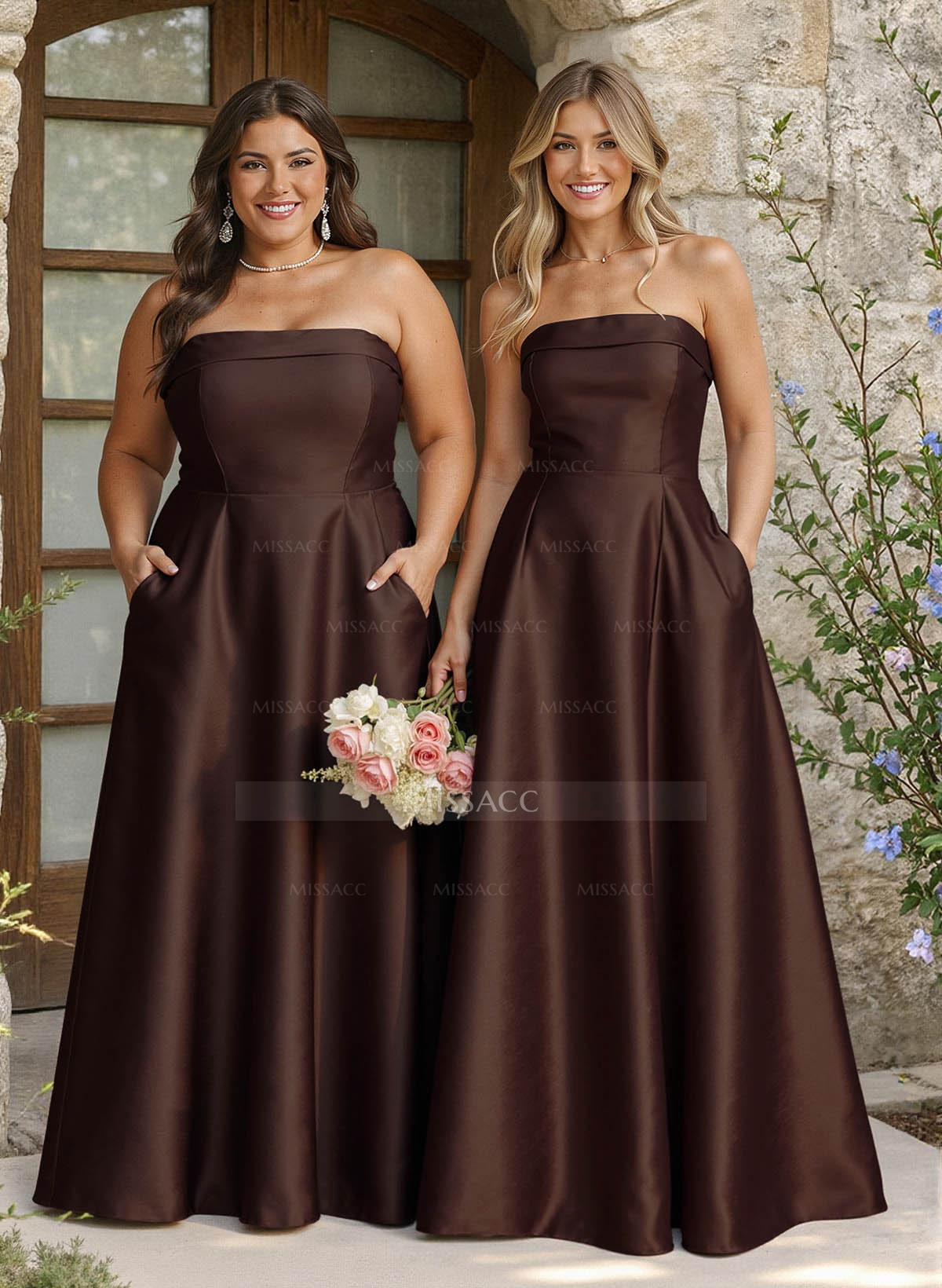 A-Line Strapless Sleeveless Floor-Length Satin Bridesmaid Dresses With Pockets