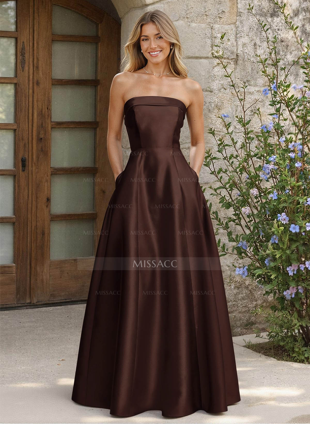 A-Line Strapless Sleeveless Floor-Length Satin Bridesmaid Dresses With Pockets