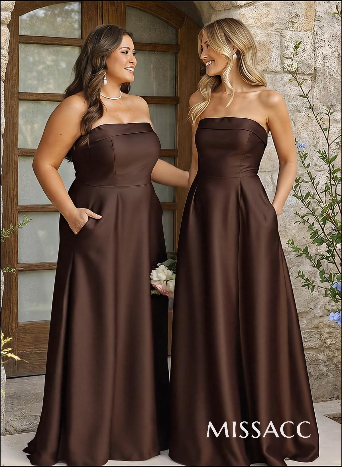A-Line Strapless Sleeveless Floor-Length Satin Bridesmaid Dresses With Pockets