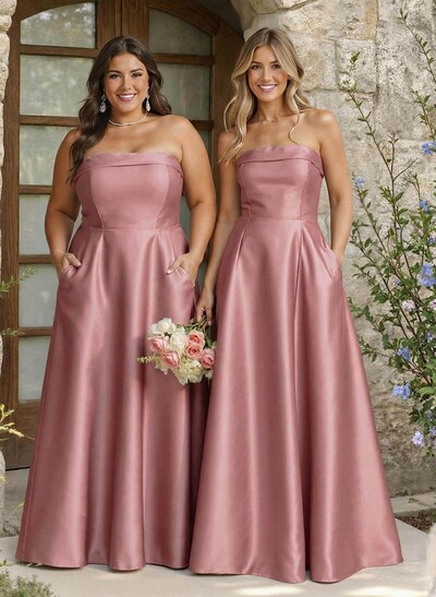 A-Line Strapless Sleeveless Floor-Length Satin Bridesmaid Dresses With Pockets
