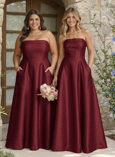 A-Line Strapless Sleeveless Floor-Length Satin Bridesmaid Dresses With Pockets