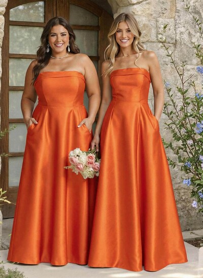 A-Line Strapless Sleeveless Floor-Length Satin Bridesmaid Dresses With Pockets
