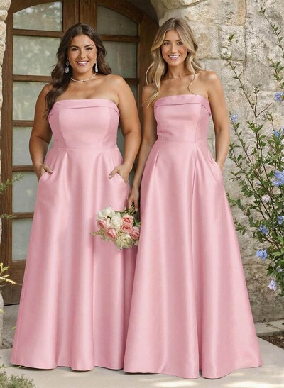 A-Line Strapless Sleeveless Floor-Length Satin Bridesmaid Dresses With Pockets