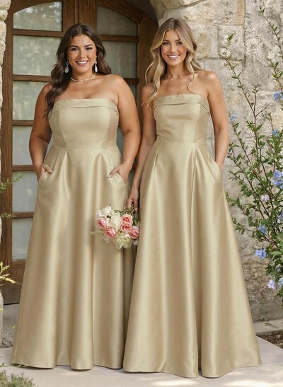 A-Line Strapless Sleeveless Floor-Length Satin Bridesmaid Dresses With Pockets