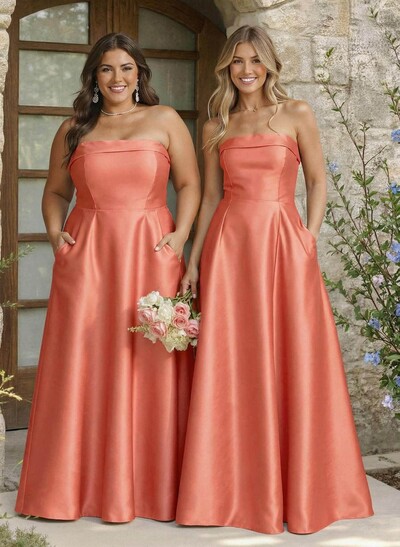 A-Line Strapless Sleeveless Floor-Length Satin Bridesmaid Dresses With Pockets