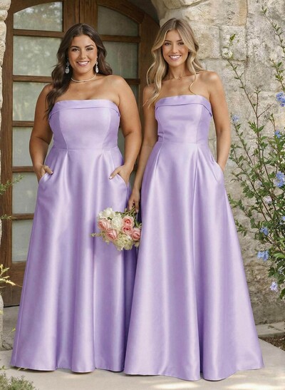 A-Line Strapless Sleeveless Floor-Length Satin Bridesmaid Dresses With Pockets