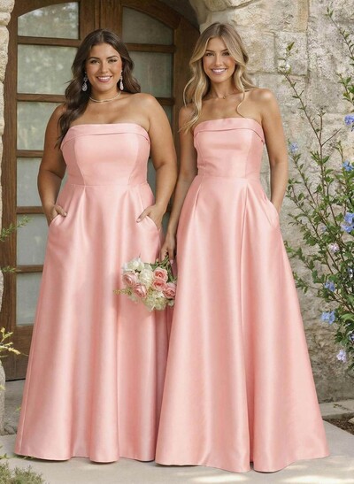 A-Line Strapless Sleeveless Floor-Length Satin Bridesmaid Dresses With Pockets