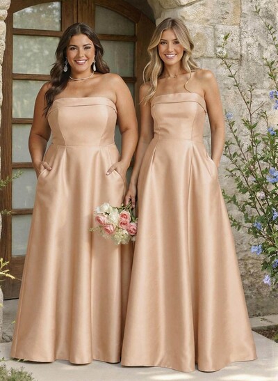 A-Line Strapless Sleeveless Floor-Length Satin Bridesmaid Dresses With Pockets