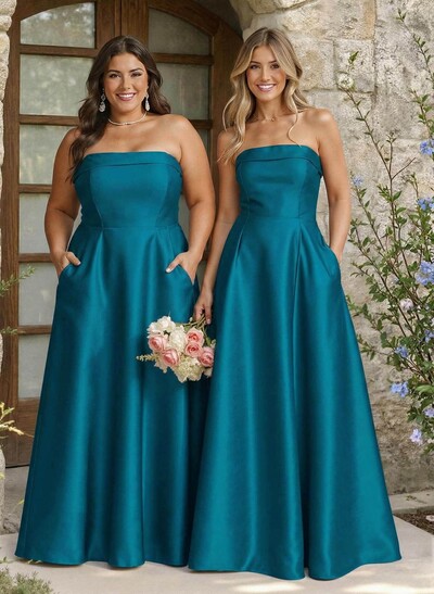 A-Line Strapless Sleeveless Floor-Length Satin Bridesmaid Dresses With Pockets