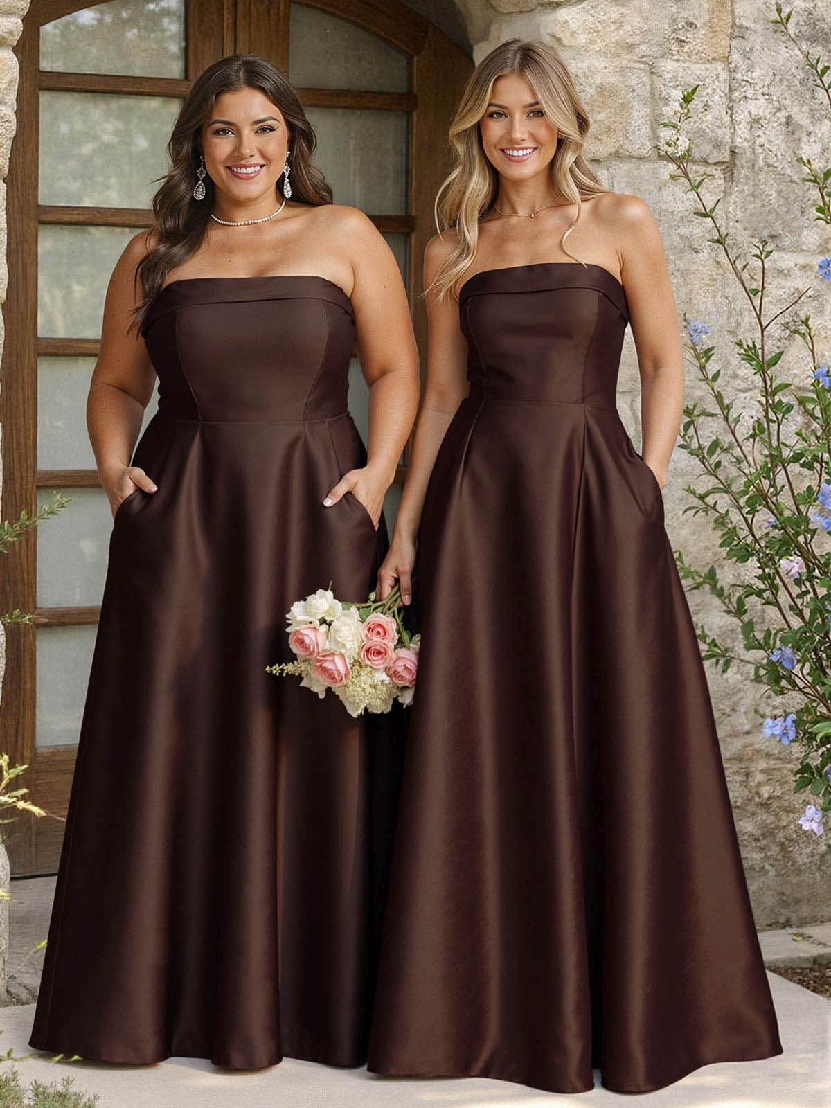 A-Line Strapless Sleeveless Floor-Length Satin Bridesmaid Dresses With Pockets