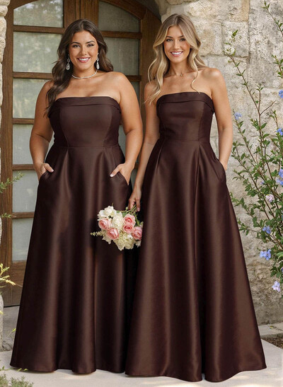 A-Line Strapless Sleeveless Floor-Length Satin Bridesmaid Dresses With Pockets