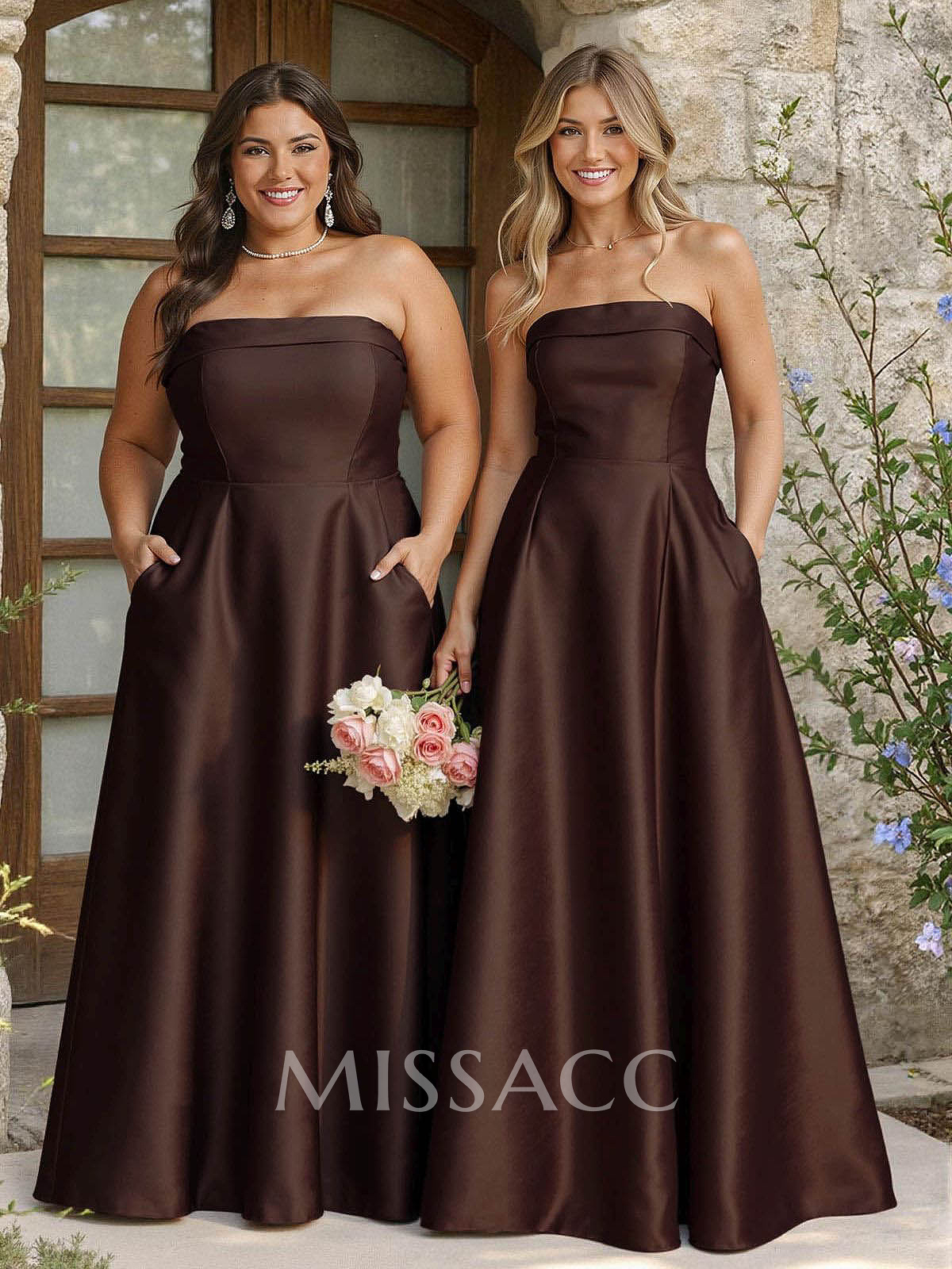 A-Line Strapless Sleeveless Floor-Length Satin Bridesmaid Dresses With Pockets A-Line Strapless Sleeveless Floor-Length Satin Bridesmaid Dresses With Pockets