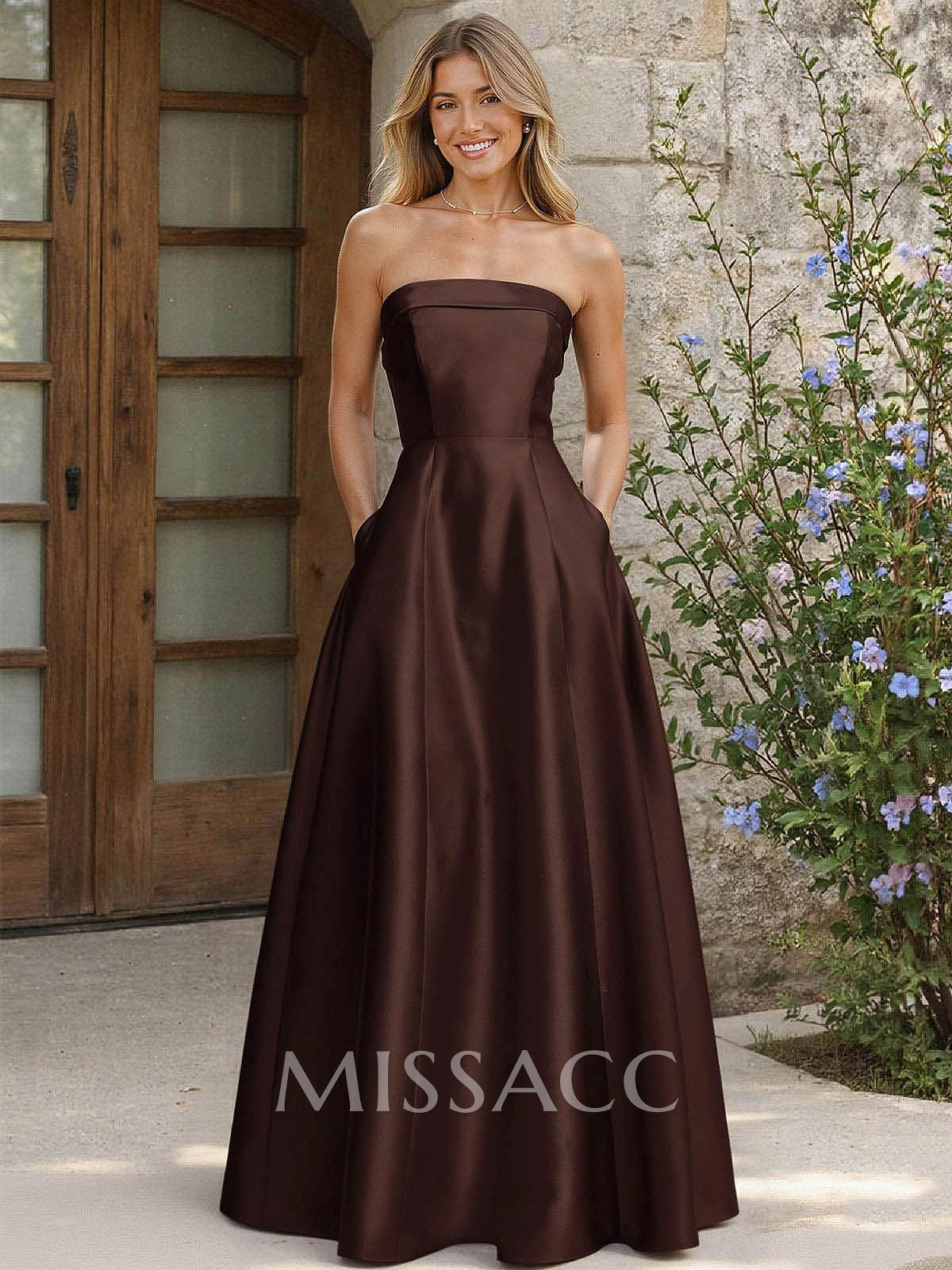 A-Line Strapless Sleeveless Floor-Length Satin Bridesmaid Dresses With Pockets A-Line Strapless Sleeveless Floor-Length Satin Bridesmaid Dresses With Pockets
