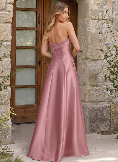 A-Line Strapless Sleeveless Floor-Length Satin Bridesmaid Dresses With Pockets