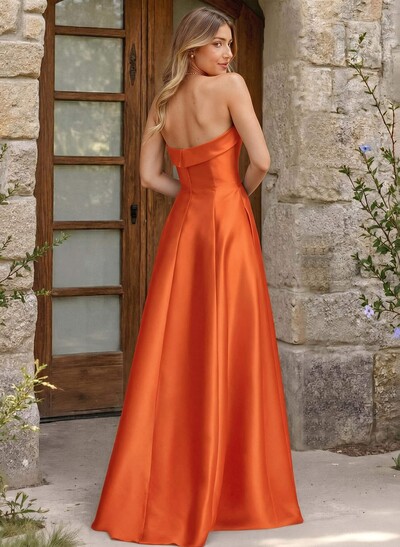 A-Line Strapless Sleeveless Floor-Length Satin Bridesmaid Dresses With Pockets