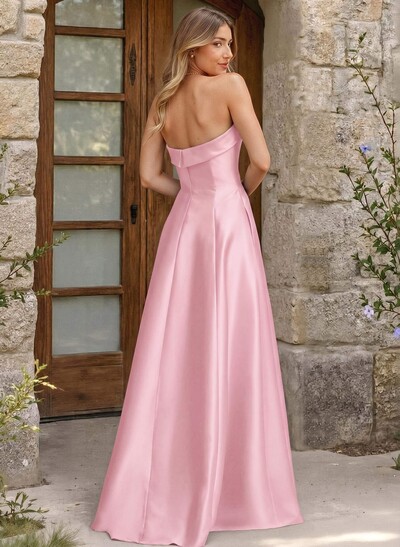 A-Line Strapless Sleeveless Floor-Length Satin Bridesmaid Dresses With Pockets