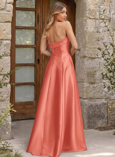 A-Line Strapless Sleeveless Floor-Length Satin Bridesmaid Dresses With Pockets