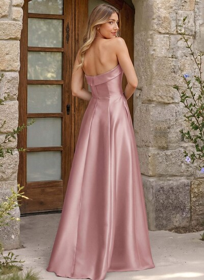 A-Line Strapless Sleeveless Floor-Length Satin Bridesmaid Dresses With Pockets