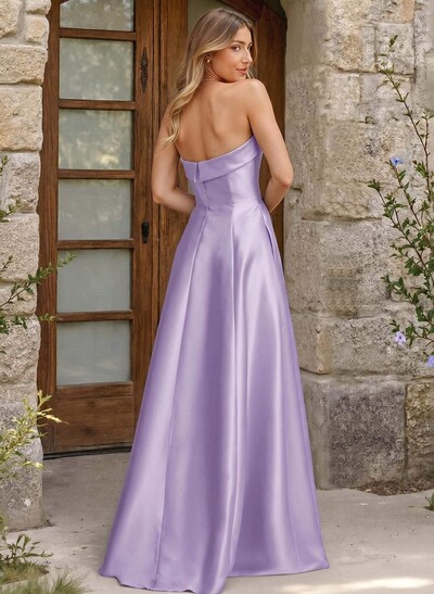 A-Line Strapless Sleeveless Floor-Length Satin Bridesmaid Dresses With Pockets