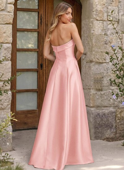 A-Line Strapless Sleeveless Floor-Length Satin Bridesmaid Dresses With Pockets