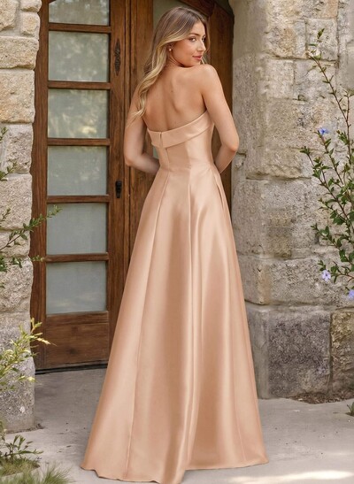 A-Line Strapless Sleeveless Floor-Length Satin Bridesmaid Dresses With Pockets