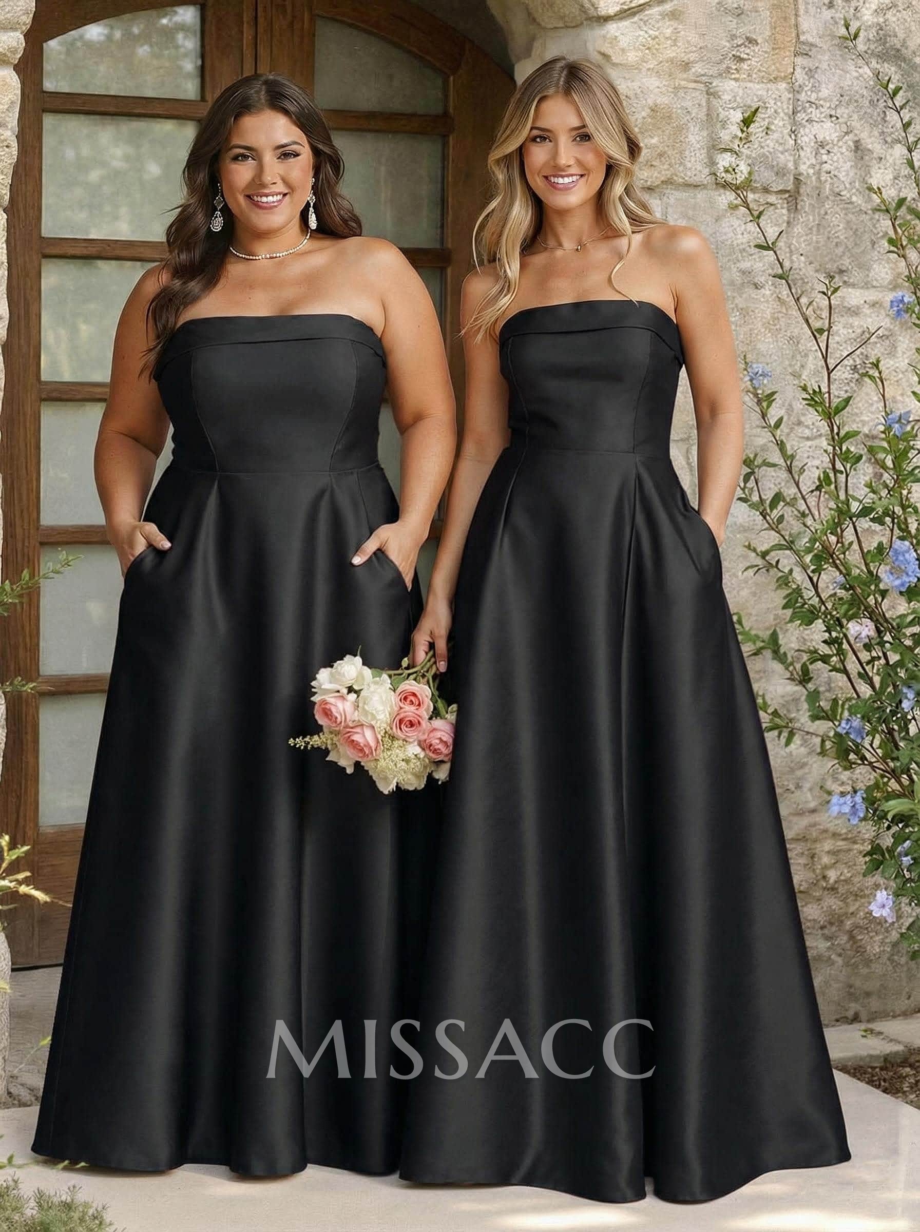 A-Line Strapless Sleeveless Floor-Length Satin Bridesmaid Dresses With Pockets A-Line Strapless Sleeveless Floor-Length Satin Bridesmaid Dresses With Pockets