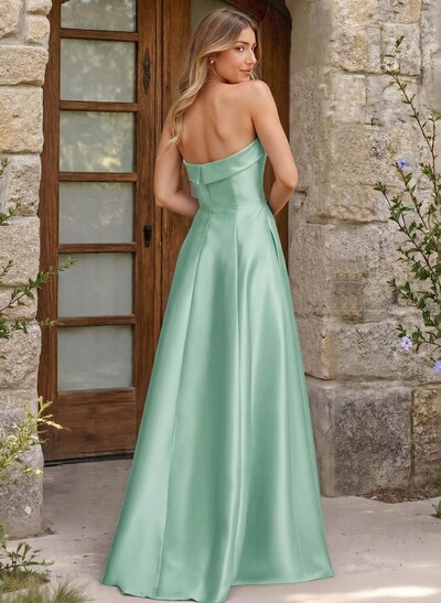 A-Line Strapless Sleeveless Floor-Length Satin Bridesmaid Dresses With Pockets