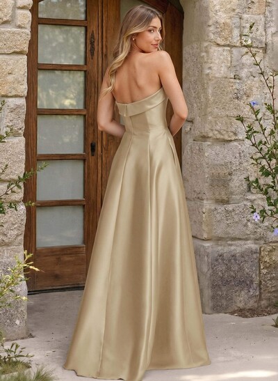 A-Line Strapless Sleeveless Floor-Length Satin Bridesmaid Dresses With Pockets