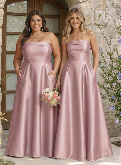 A-Line Strapless Sleeveless Floor-Length Satin Bridesmaid Dresses With Pockets